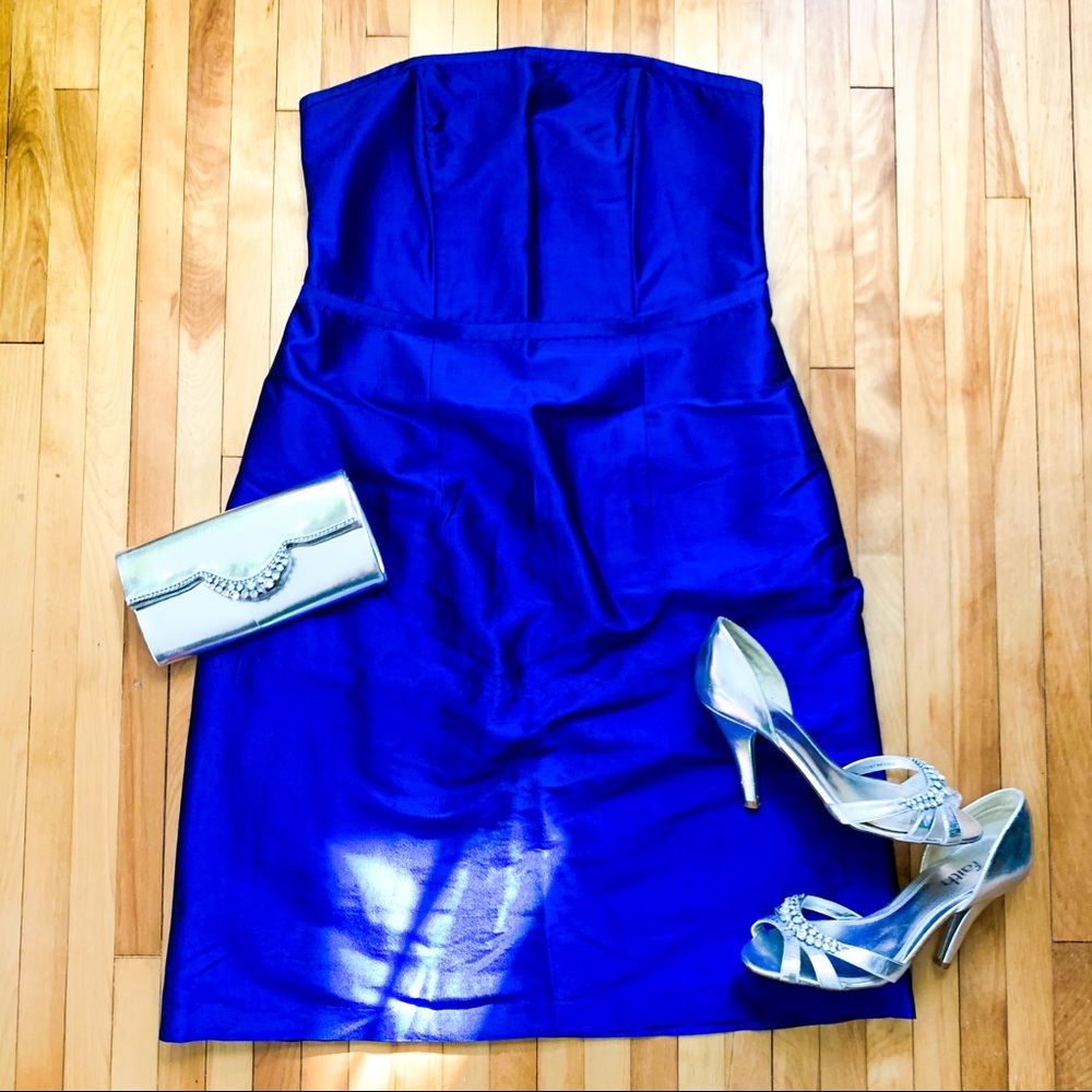 Custom sapphire blue silk strapless cocktail dress